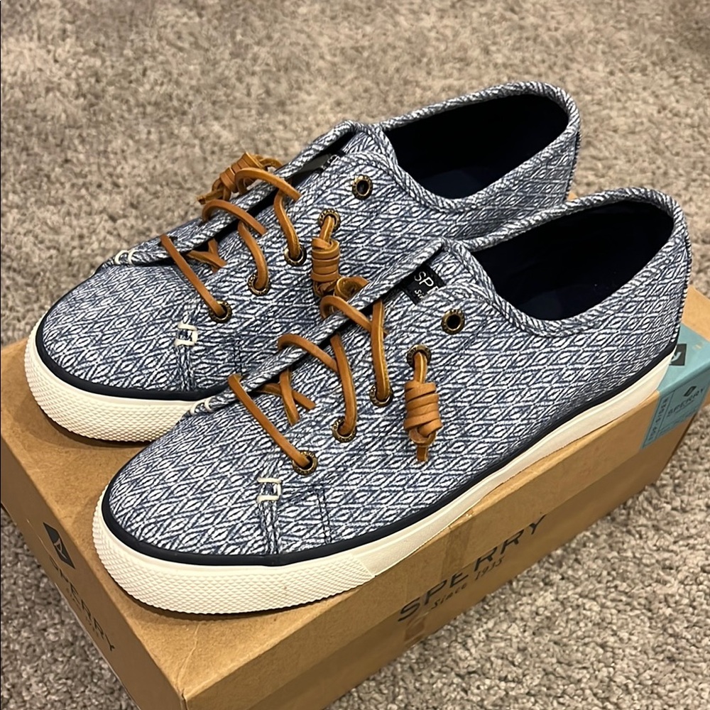 Sperry Blue Patterned Sneakers with Brown Laces size 8